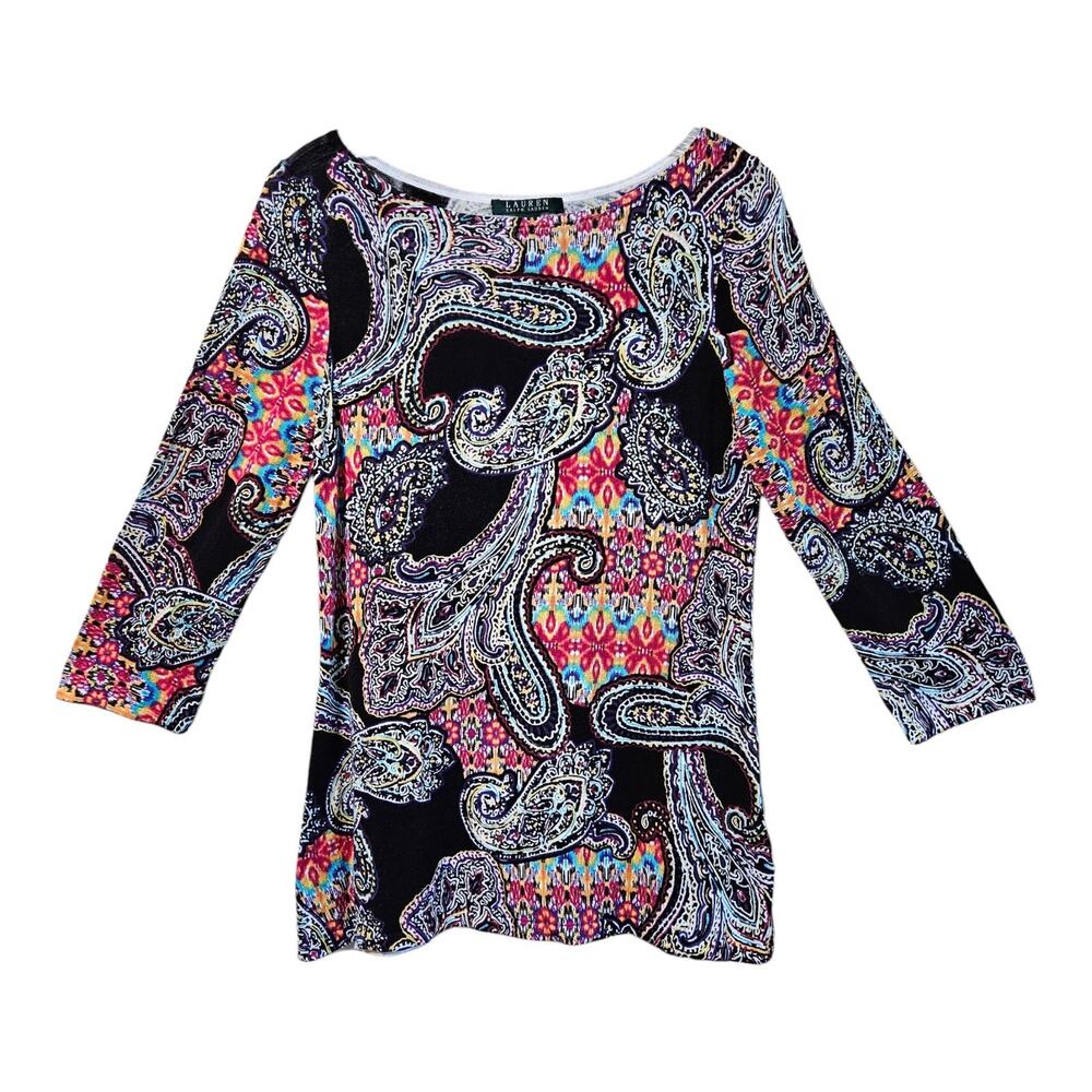LAUREN RALPH LAUREN Women M / L Sweater Paisley Preppy Lightweight 3/4 Sleeve 36